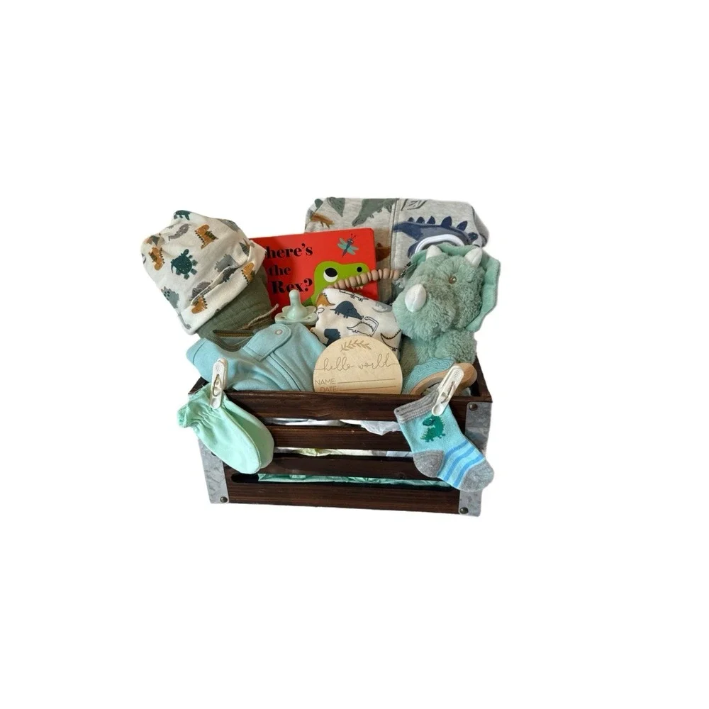 Dinosaur Baby Shower Gift Crate, Newborn Present-Dino Books Clothes Lovey & More
